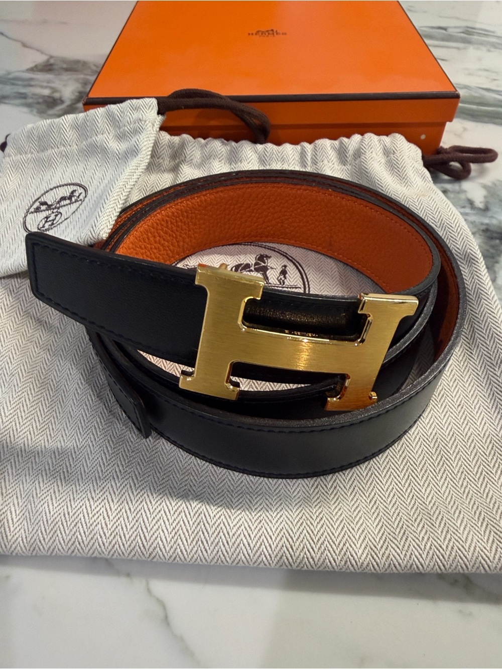 Hermes 32mm Brush Gold H Belt with Black Orange Leather 100mm belt